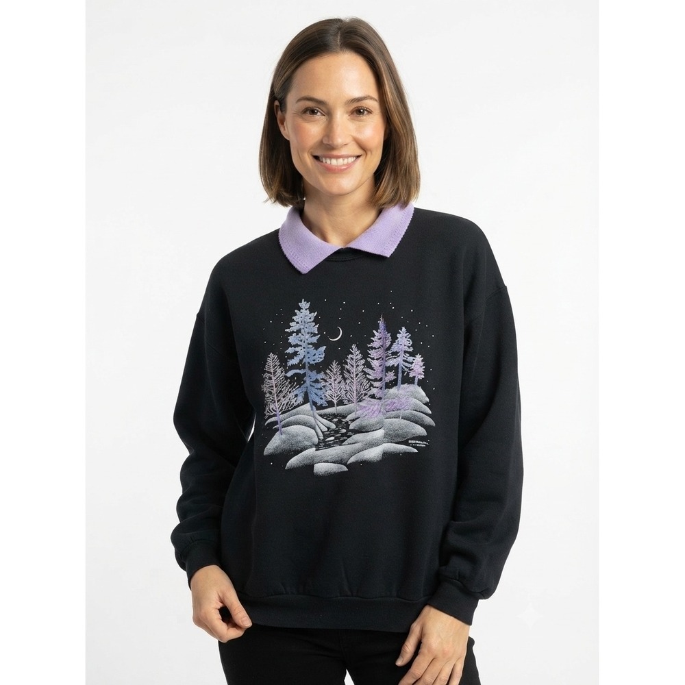 Morning Sun Vintage Winter Landscape Sweatshirt Black Lavender Collar 2X USA
